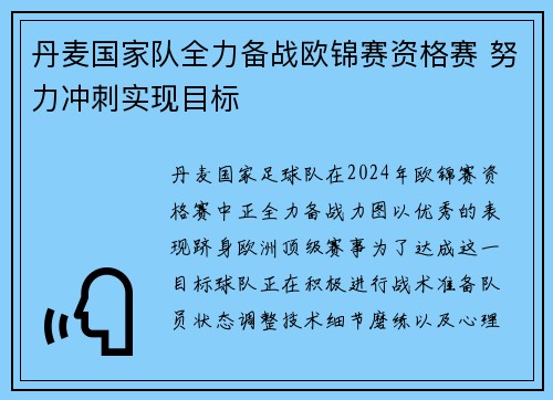 丹麦国家队全力备战欧锦赛资格赛 努力冲刺实现目标
