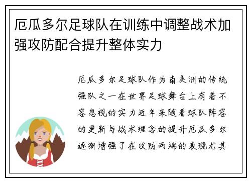 厄瓜多尔足球队在训练中调整战术加强攻防配合提升整体实力