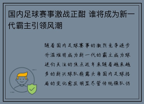 国内足球赛事激战正酣 谁将成为新一代霸主引领风潮