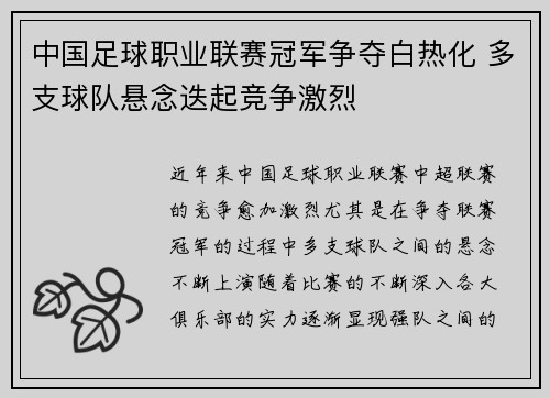 中国足球职业联赛冠军争夺白热化 多支球队悬念迭起竞争激烈