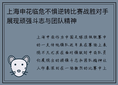 上海申花临危不惧逆转比赛战胜对手展现顽强斗志与团队精神