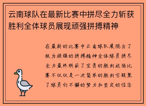 云南球队在最新比赛中拼尽全力斩获胜利全体球员展现顽强拼搏精神